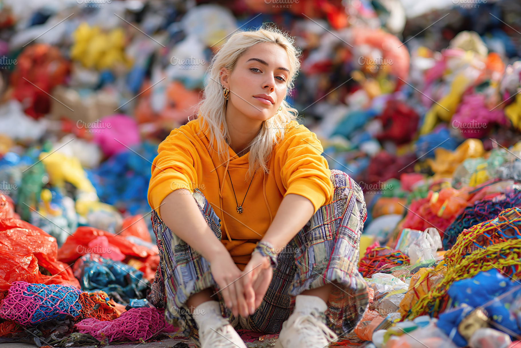 Young woman showcases recycled ocean materials in colorful environment, a Person Photo by AlyaAnd