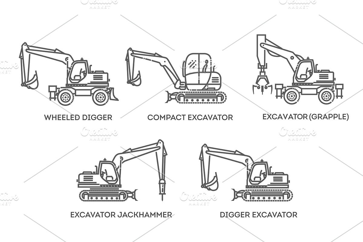 Different types of excavators, an Illustration by Tettygreen