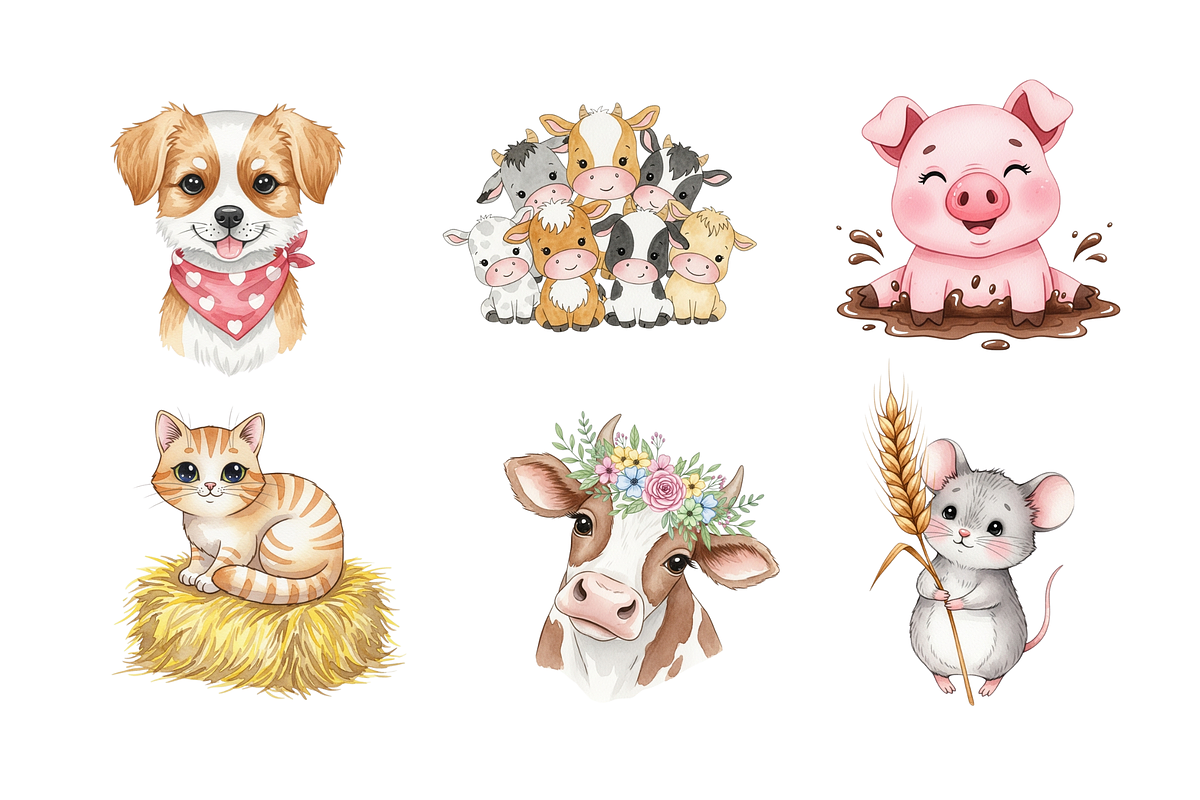 Watercolor Cute Farm Animals Clipart, an Animal Illustration by BerryPieArt (Photo 2 of 4)