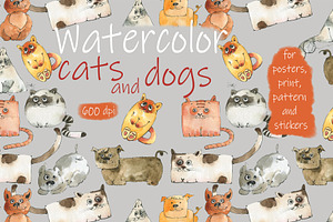 Cats And Dogs. Watercolor.