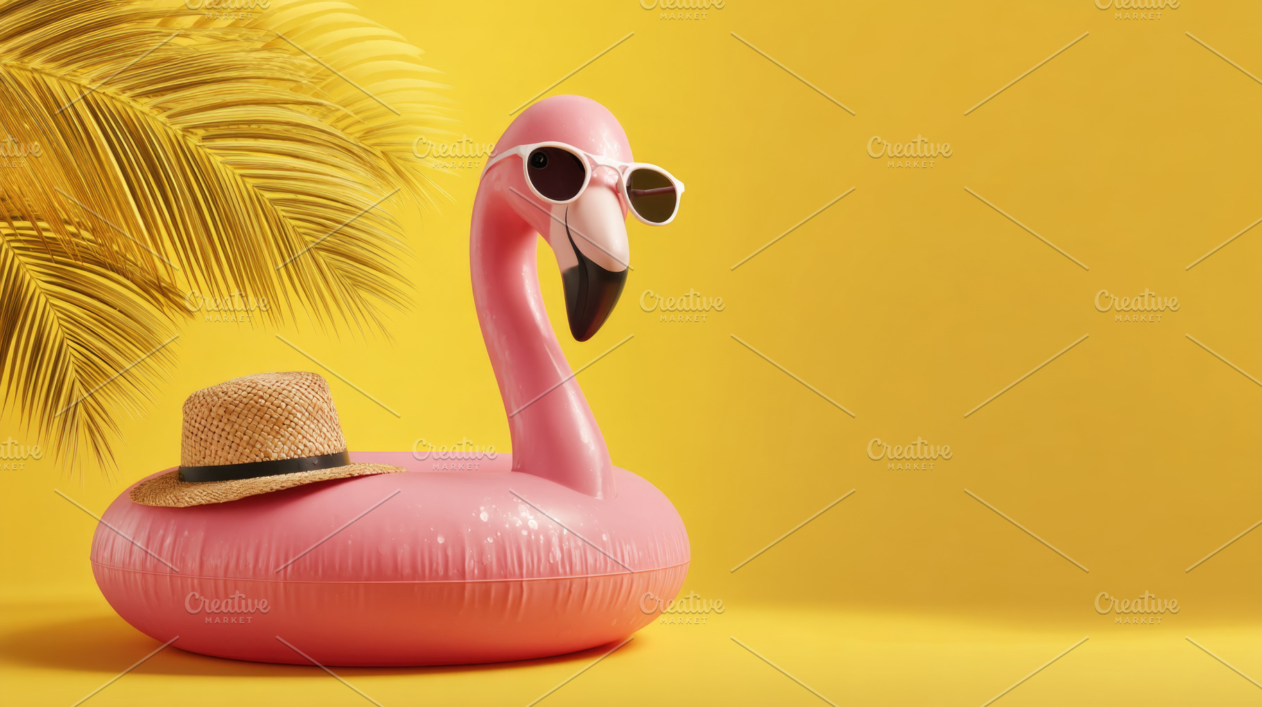 Pink Flamingo Pool Float with Sunglasses and Straw Hat on Bright, a Nature Photo by José Manuel Gelpi