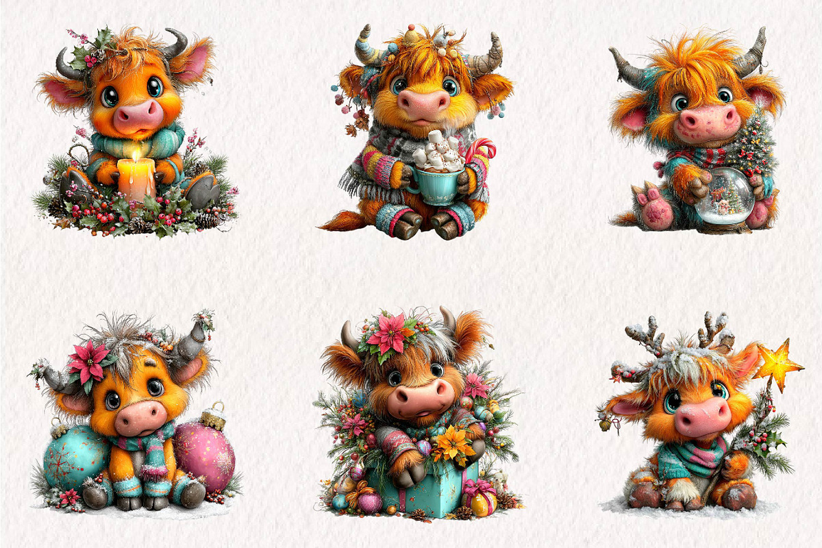 Cute Highland Cow Christmas clipart, a Seasonal Illustration by CreationArt (Photo 3 of 7)