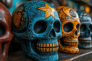 Decorative sugar skulls displayed in, a Photo by Tanuart