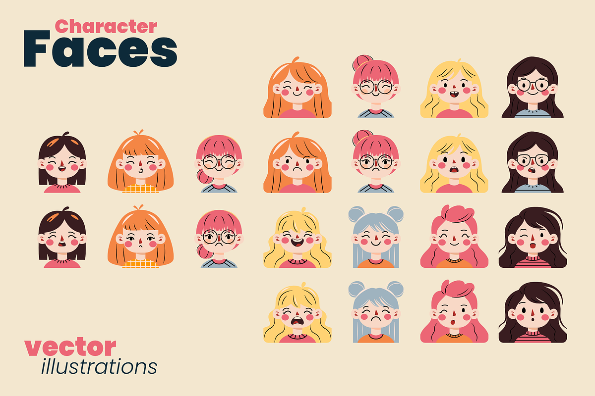 Character Faces Set, a Person Illustration by moja doodle (Photo 6 of 7)