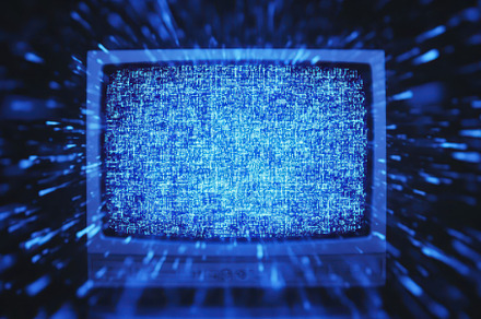 Blue television screen displaying st, a Photo by Iftikhar Alam