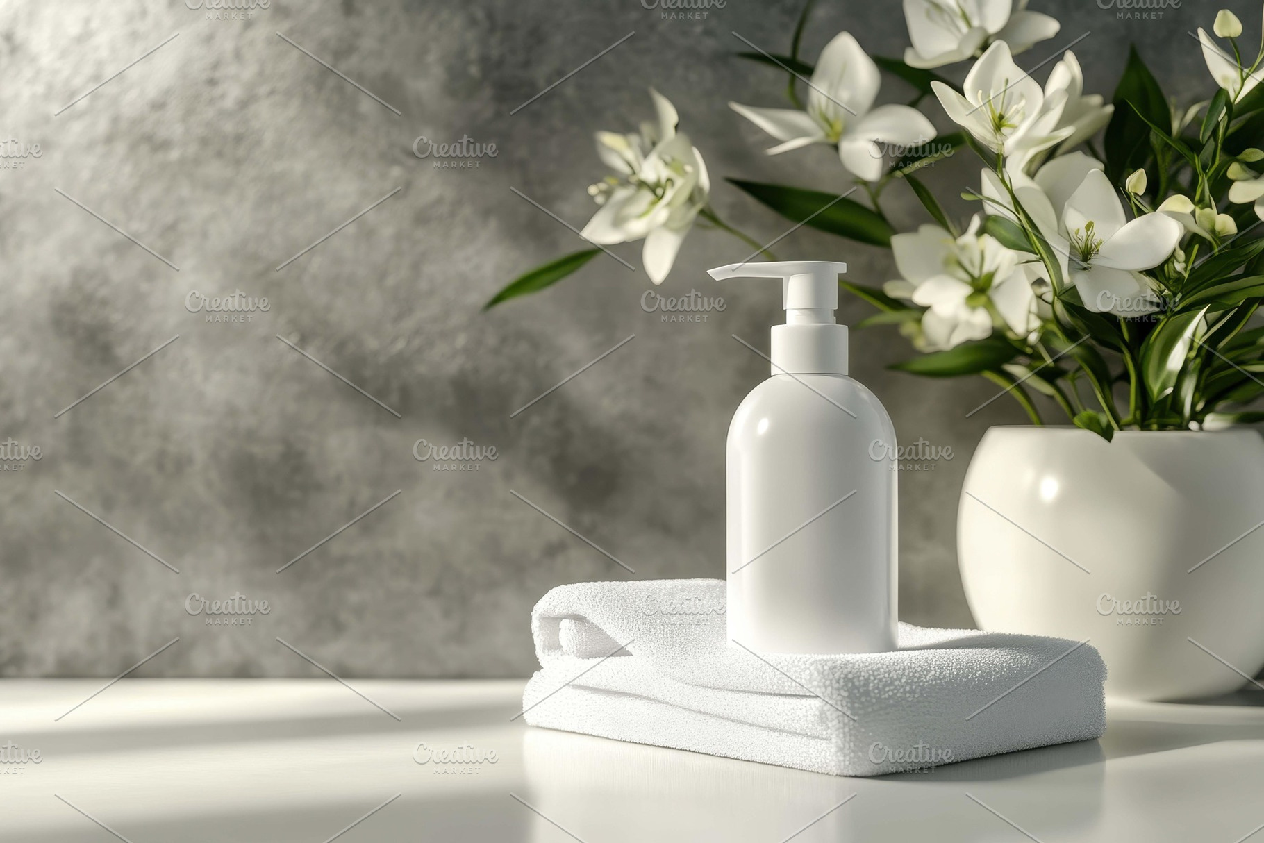 Elegant white bottle on soft towel b, a Photo by Tanuart