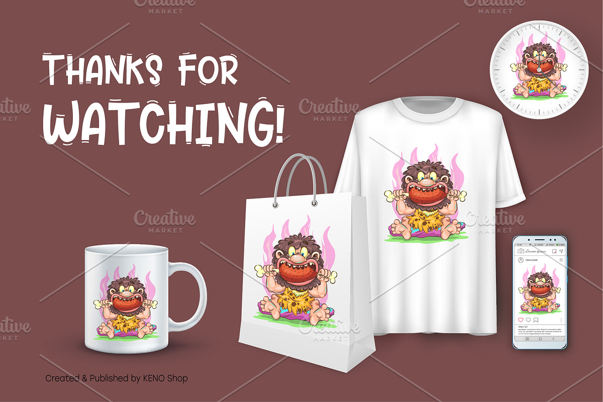 Cartoon Hungry Сaveman. Tshirt, PNG., a Person Illustration by KENO Mascots (Photo 7 of 7)
