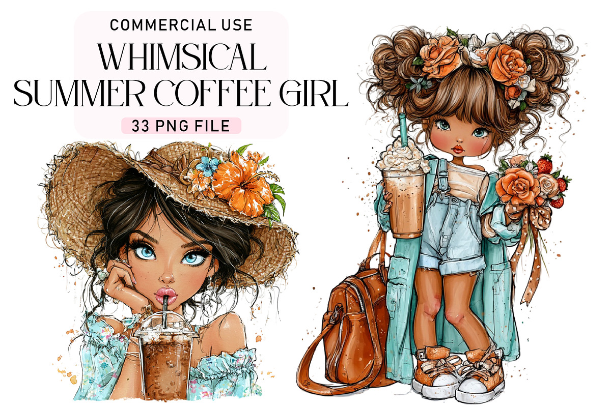Whimsical Summer Coffee Girl Clipart, a Seasonal Illustration by Daily.Designs (Photo 1 of 3)
