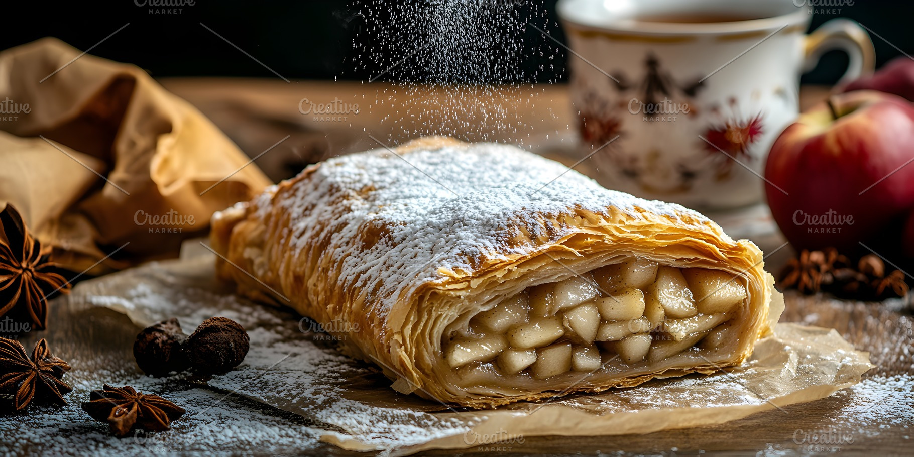 Apple strudel with powdered sugar and tea, a Food & Drink Photo by Photostock