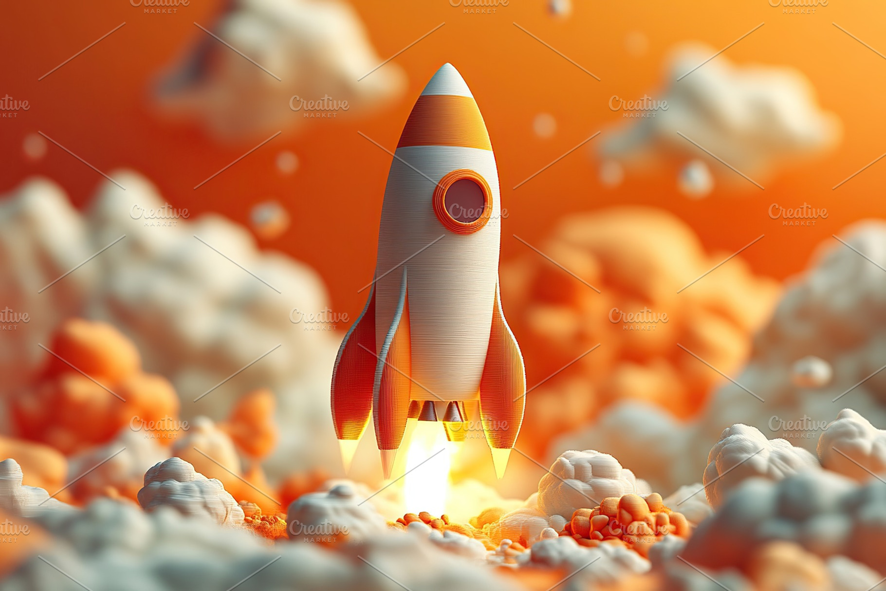Launch of a white rocket on orange background, white smoke and clouds, a Photo by AlyaAnd