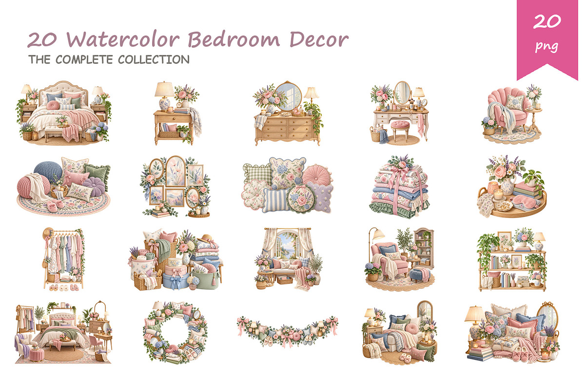 Watercolor Bedroom Decor Clipart, a Decorative Illustration by BerryPieArt (Photo 2 of 4)