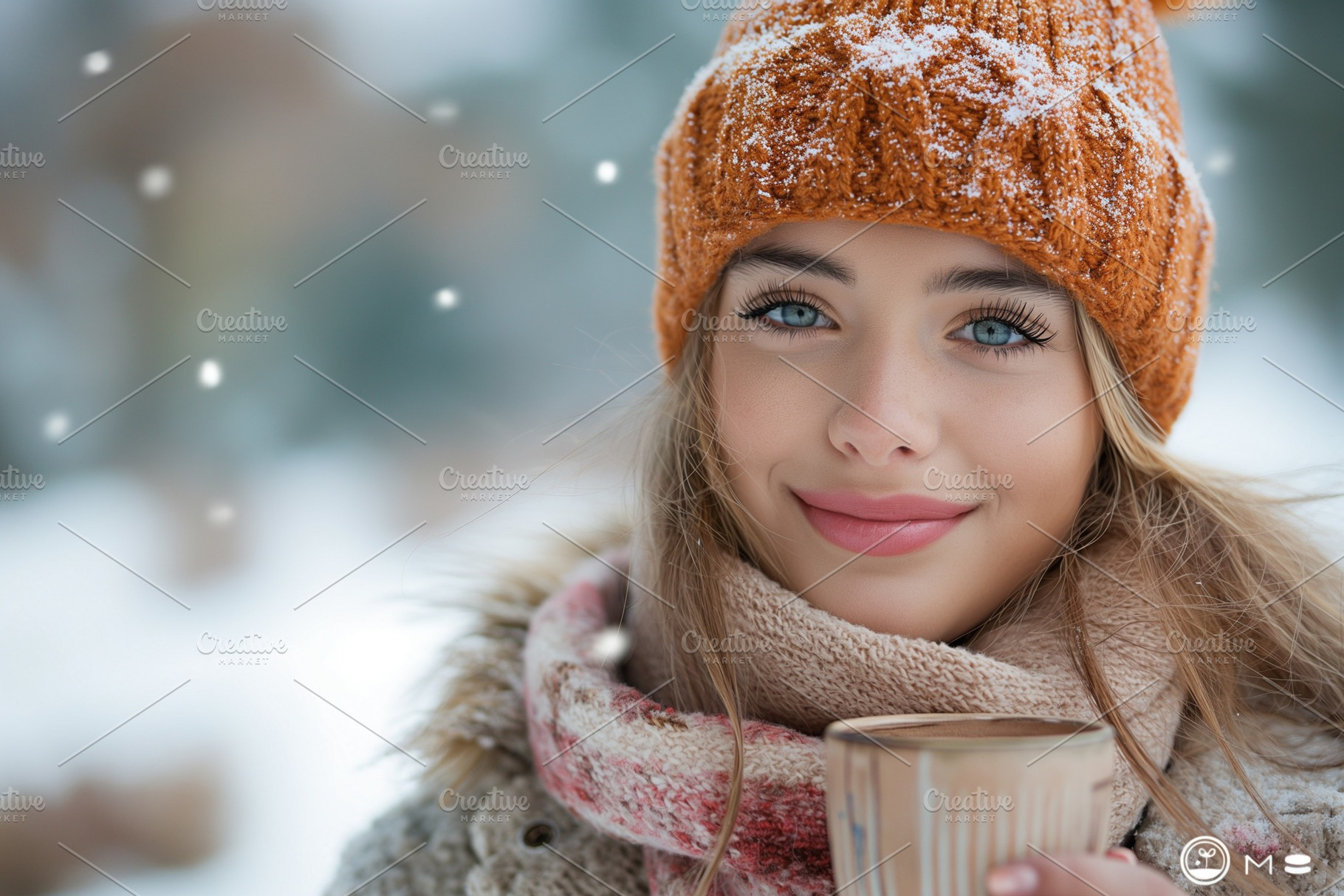 A young Caucasian woman smiles warmly while holding a cup in a snowy winter set, a Person Photo by ImageMir