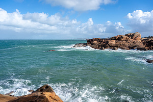 Mean Ruz coastline waves hitting granite rocks in Tregastel, Bri, a Nature Photo by GoodGoods
