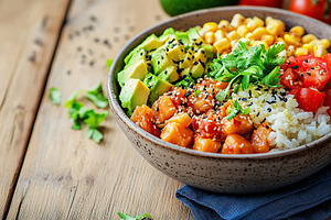 Healthy poke bowl with rice and vegetables, a Food & Drink Photo by AlyaAnd
