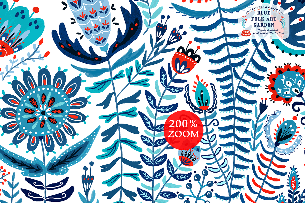 Blue Folk Art Garden, a Pattern Graphic by Arie Clares (Photo 2 of 13)