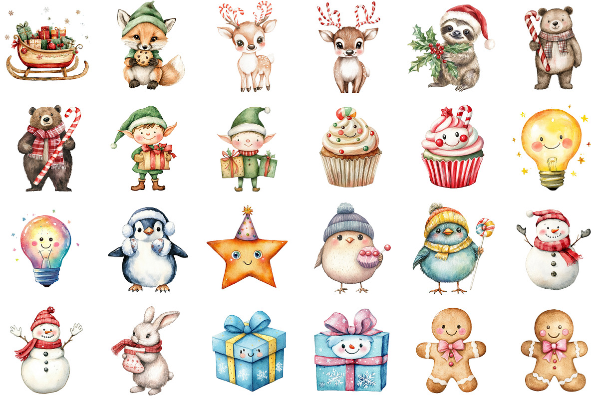Cute Christmas Watercolor Clipart, an Illustration by Sublimation Artist (Photo 2 of 6)