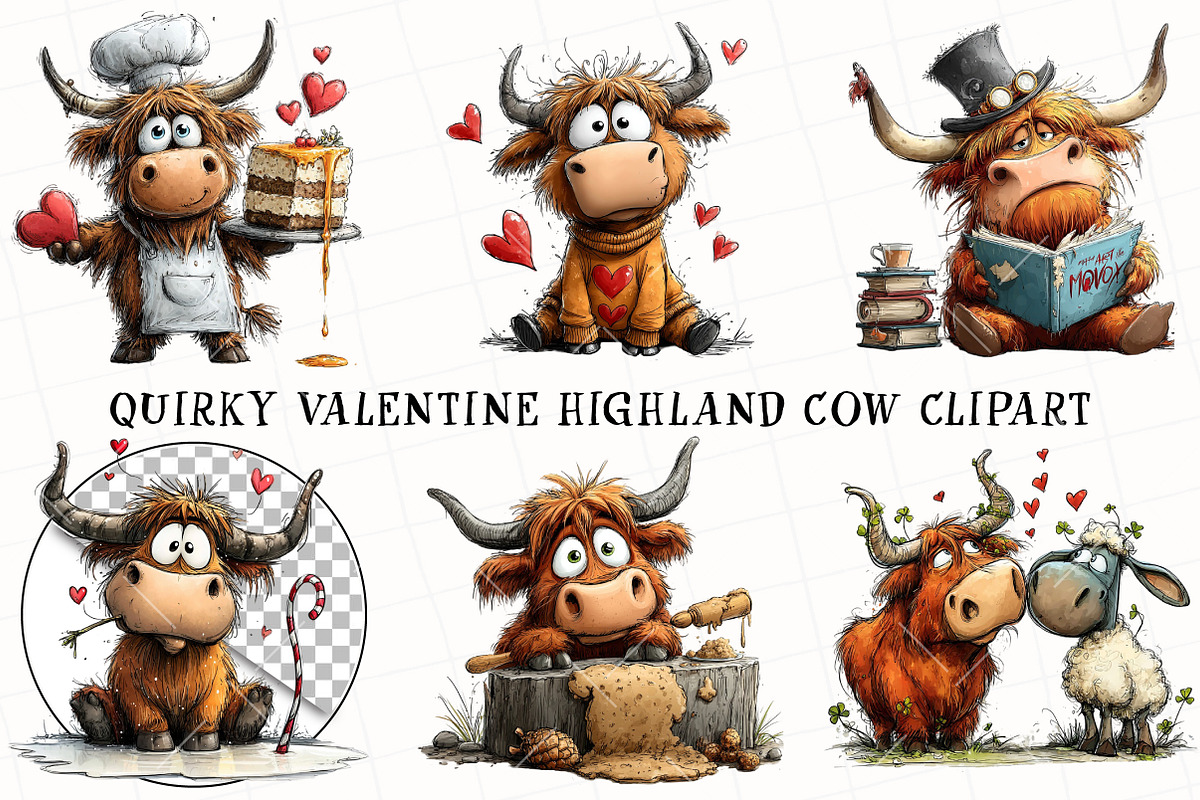 Quirky Valentine Highland Cow Clipar, an Illustration by OK Design (Photo 2 of 6)
