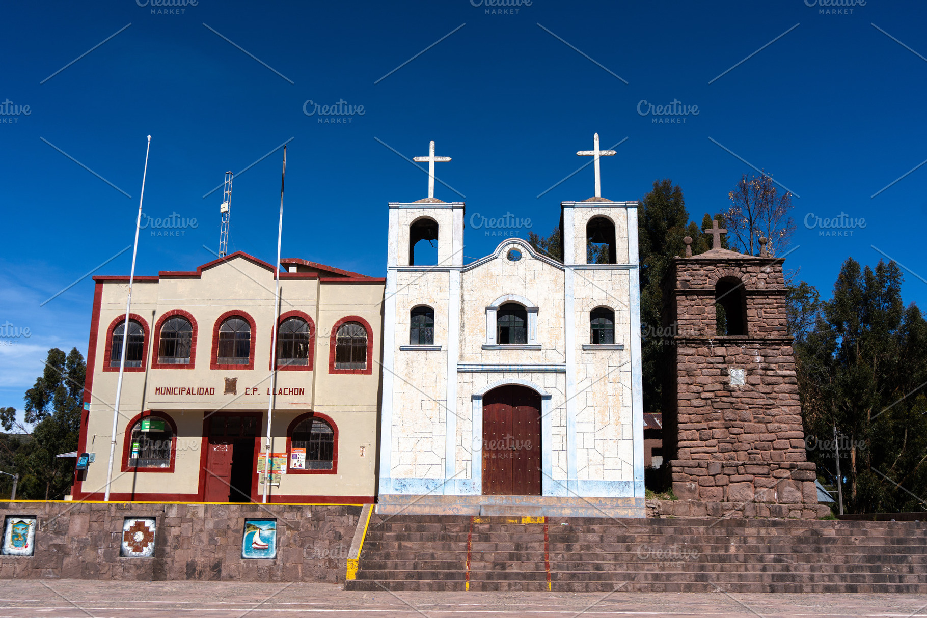 Church and municipal building of Llachon near Lake Titicaca, Per, an Architecture Photo by GoodGoods