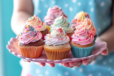 Illustration of female hands holding birthday cupcakes on tray, a Food & Drink Photo by AlyaAnd