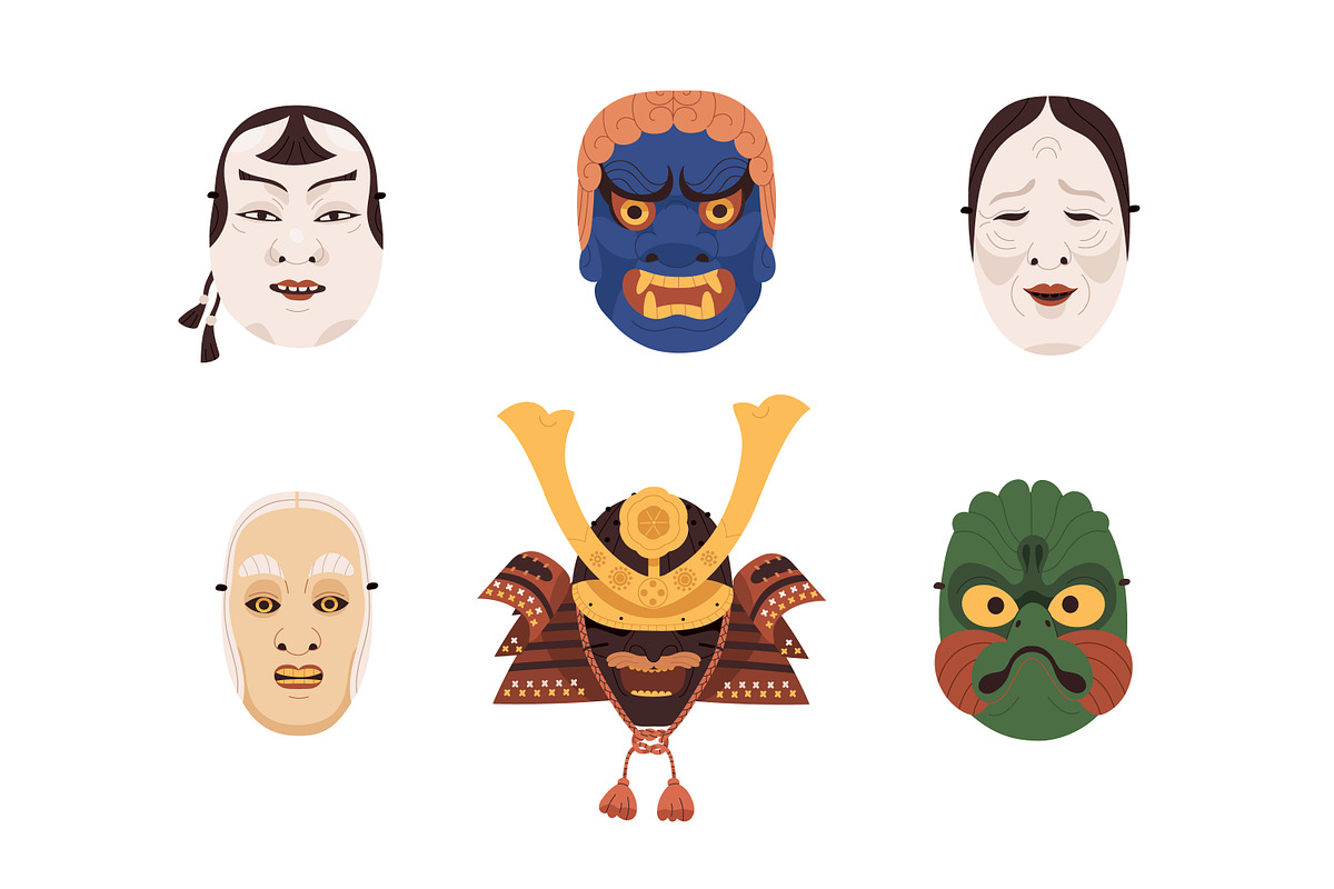 Japanese Noh theatrical masks set, a Decorative Illustration by Good Studio (Photo 5 of 7)