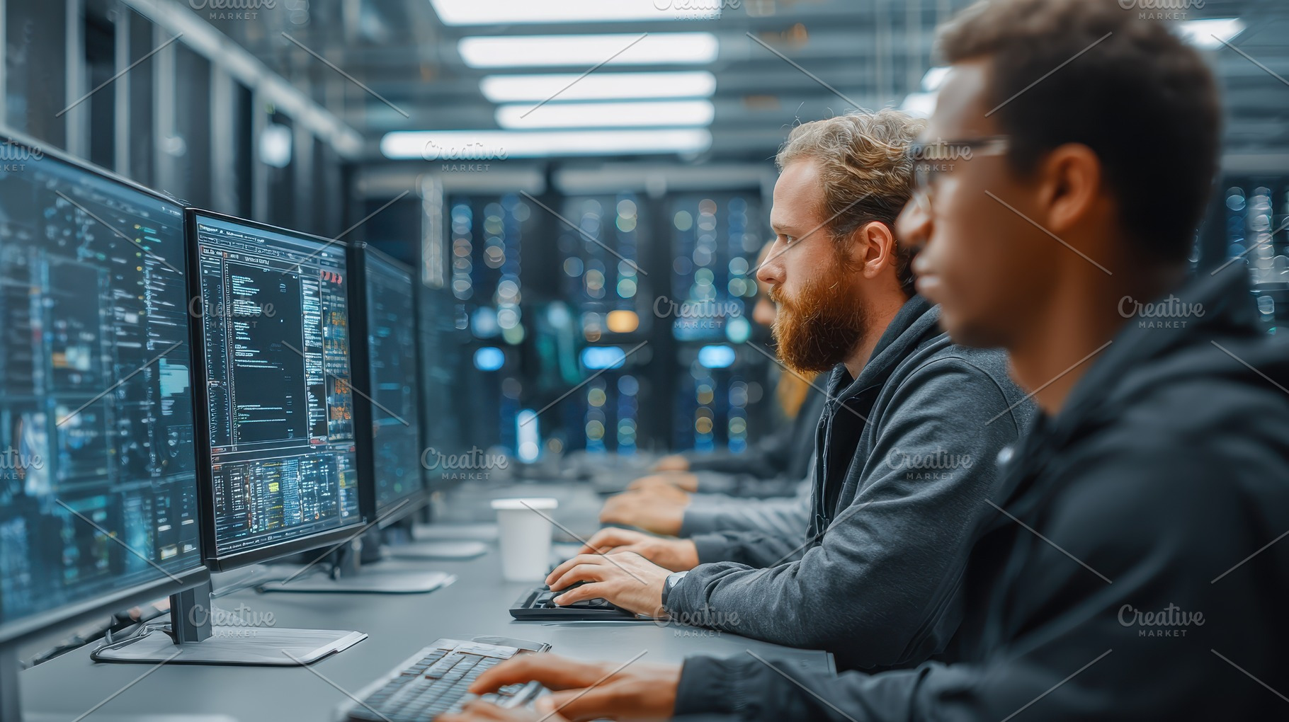 Programmers working late in a server, a Photo by Pixeness Studio