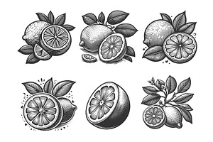Lemon engraving set vector, a Food Illustration by AlexArt