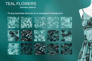 TEAL FLOWERS Seamless Patterns