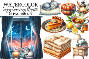 Watercolor Cozy Evening Clipart, an Illustration by Rose Art