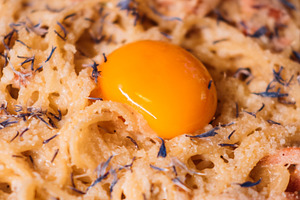 Noodles plate tasty macaroni pasta egg carbonara, a Food & Drink Photo by Photo Drive Studio