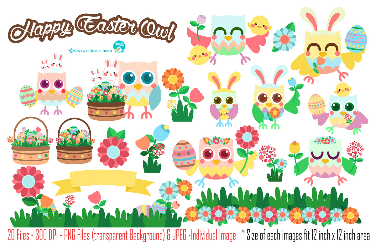 Easter Owl Digital Clipart, a Seasonal Illustration by Cozy Cat Design (Photo 1 of 5)