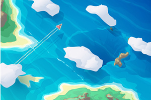 Aerial ship flying through tropical, an Illustration by IfH
