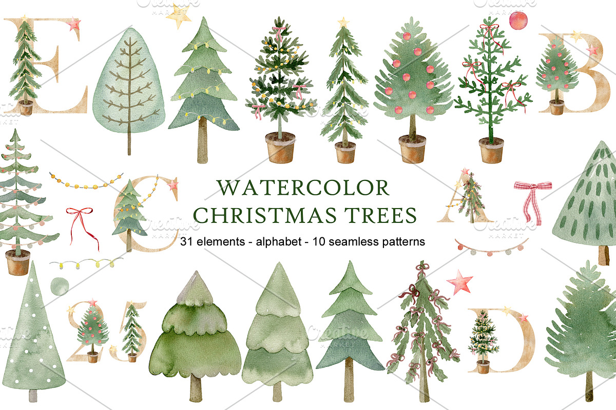 Watercolor Christmas trees clipart., a Decorative Illustration by TaPilipa (Photo 1 of 8)