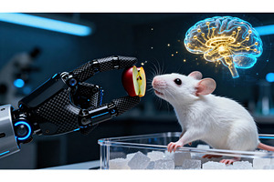 White lab mouse interacting with, a Technology Photo by tilialucida