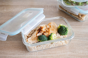 Grilled chicken breast with brown rice and broccoli in glass meal prep containe, a Food & Drink Photo by etorres69