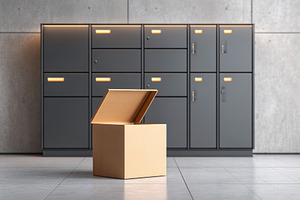 Open box in front of modern lockers, an Industrial Photo by AlyaAnd