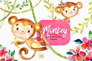 Monkey. Watercolour Clip Art.