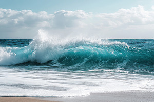 Ocean waves crash gently on a sandy shore under a bright sky with scattered clo, a Nature Photo by AlyaAnd