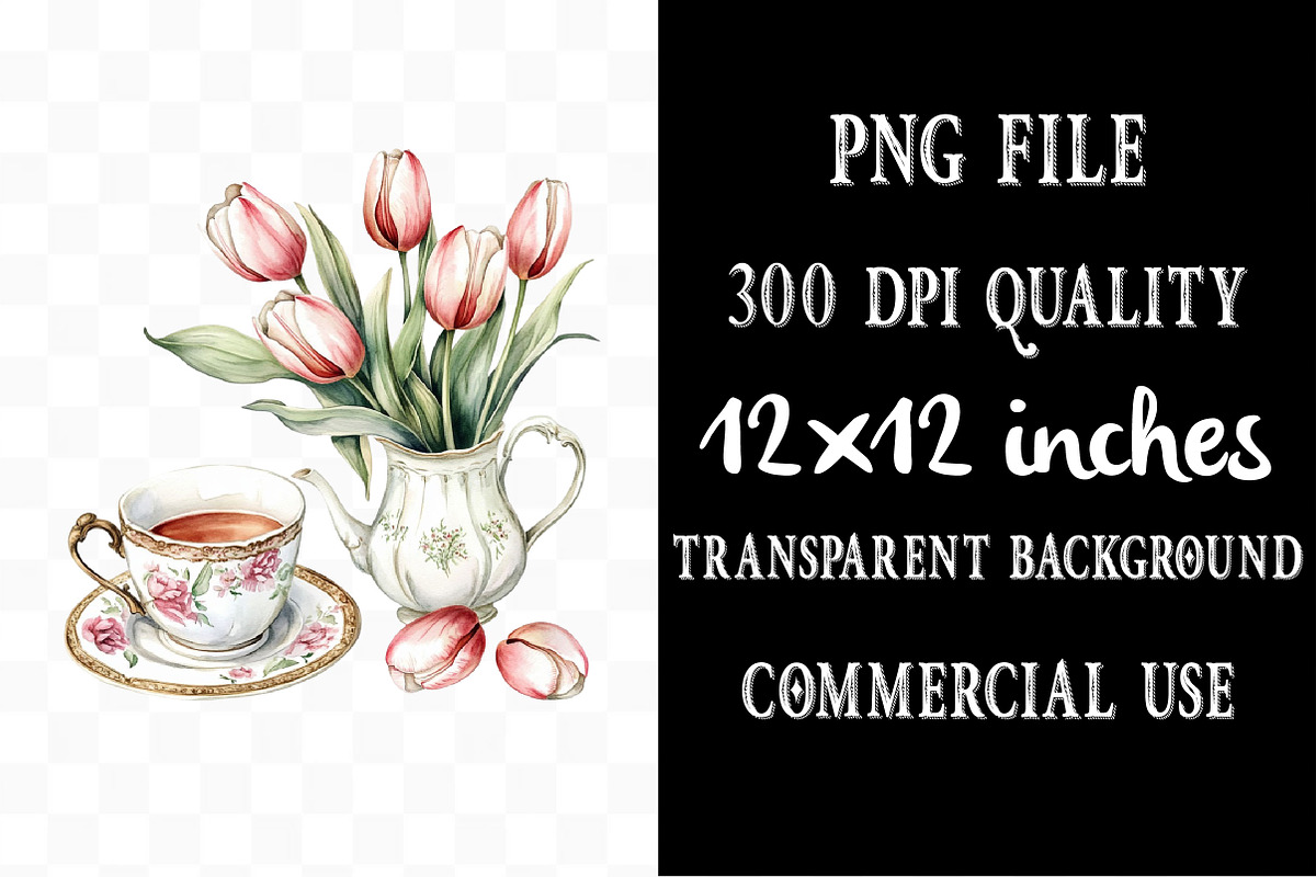 Watercolor Vintage Tulip Tea Time, an Illustration by Designking (Photo 4 of 5)