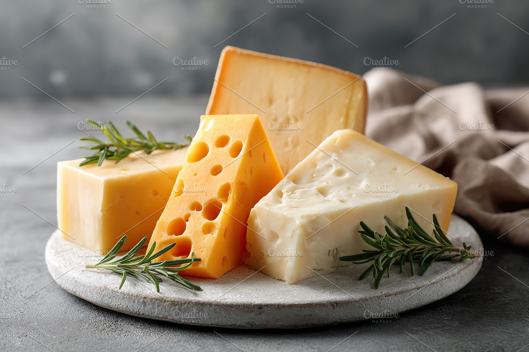 Cheeses displayed artistically on a light stone platter with fresh herbs, a Food & Drink Photo by AlyaAnd