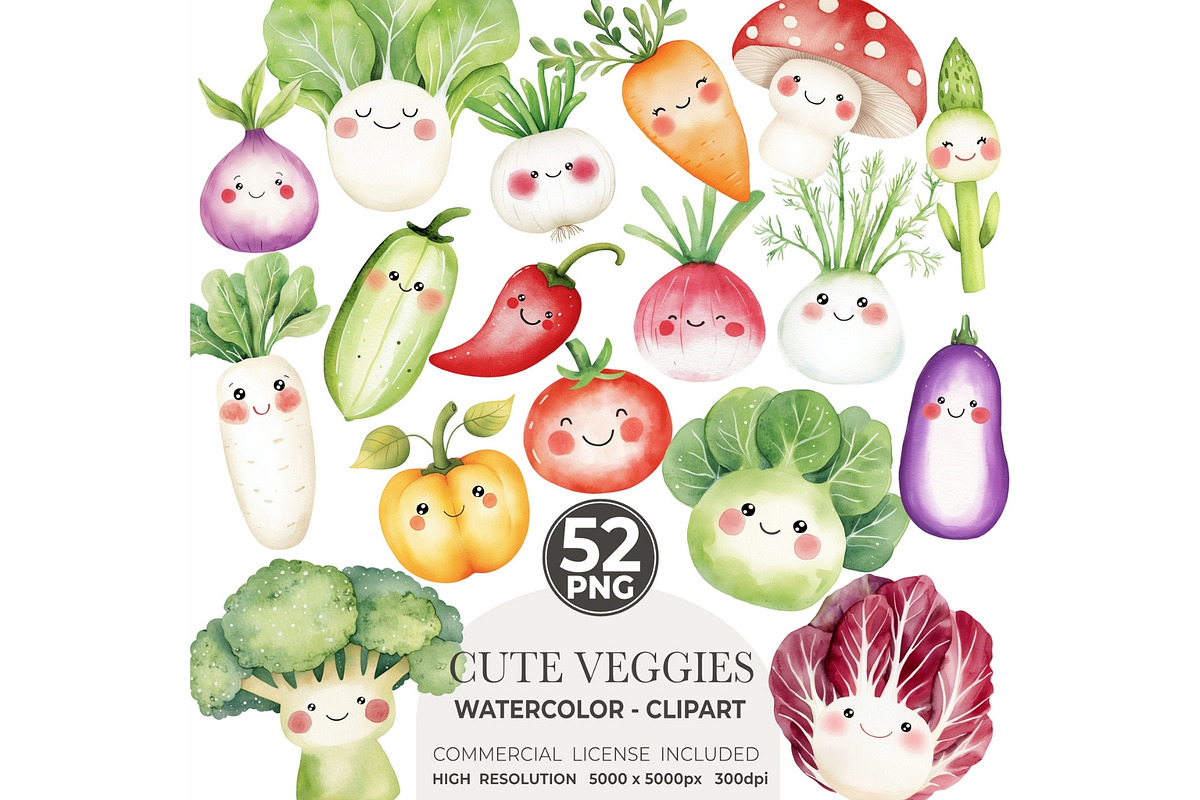 Cute Vegetables Watercolor Clipart, an Illustration by CharmClipart (Photo 1 of 10)