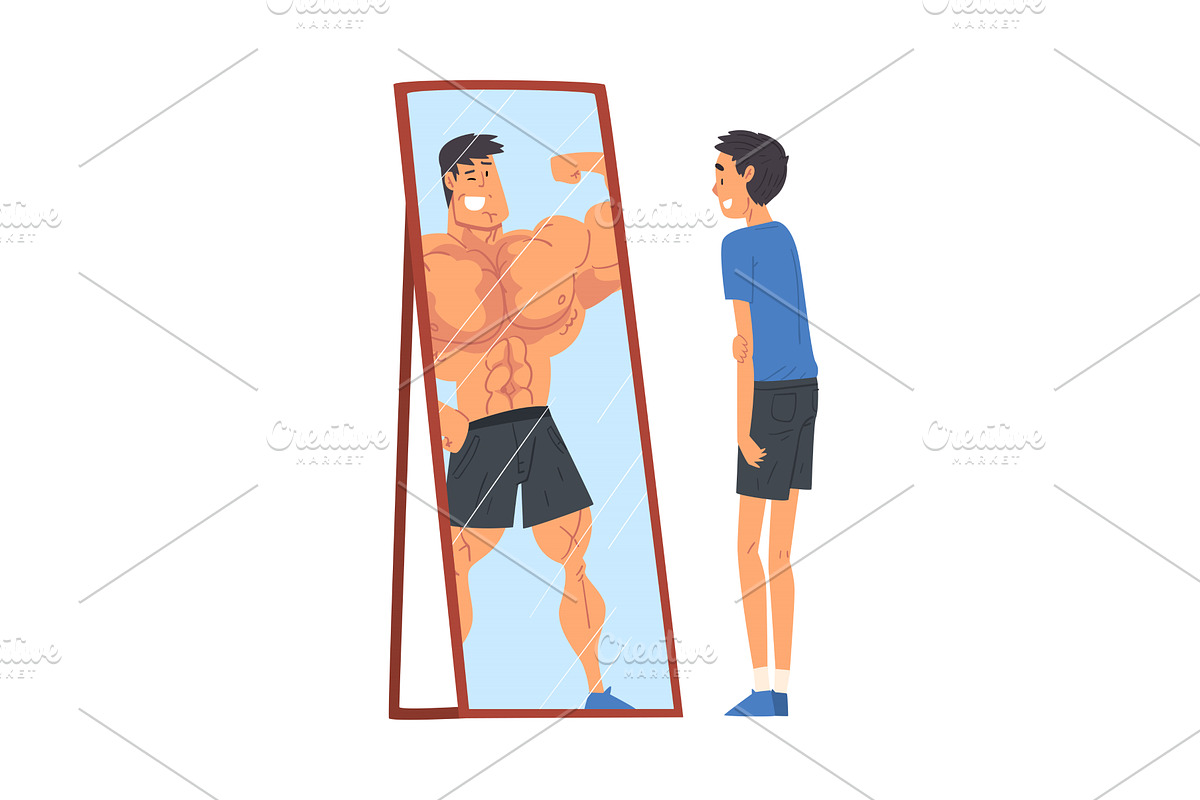 Guy Standing in Front of Mirror, a Person Illustration by TopVectors
