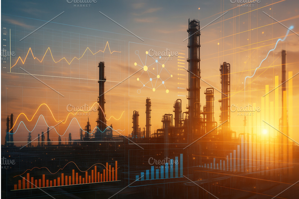 Industrial refinery plant with, an Illustration by Sergey Kotenev