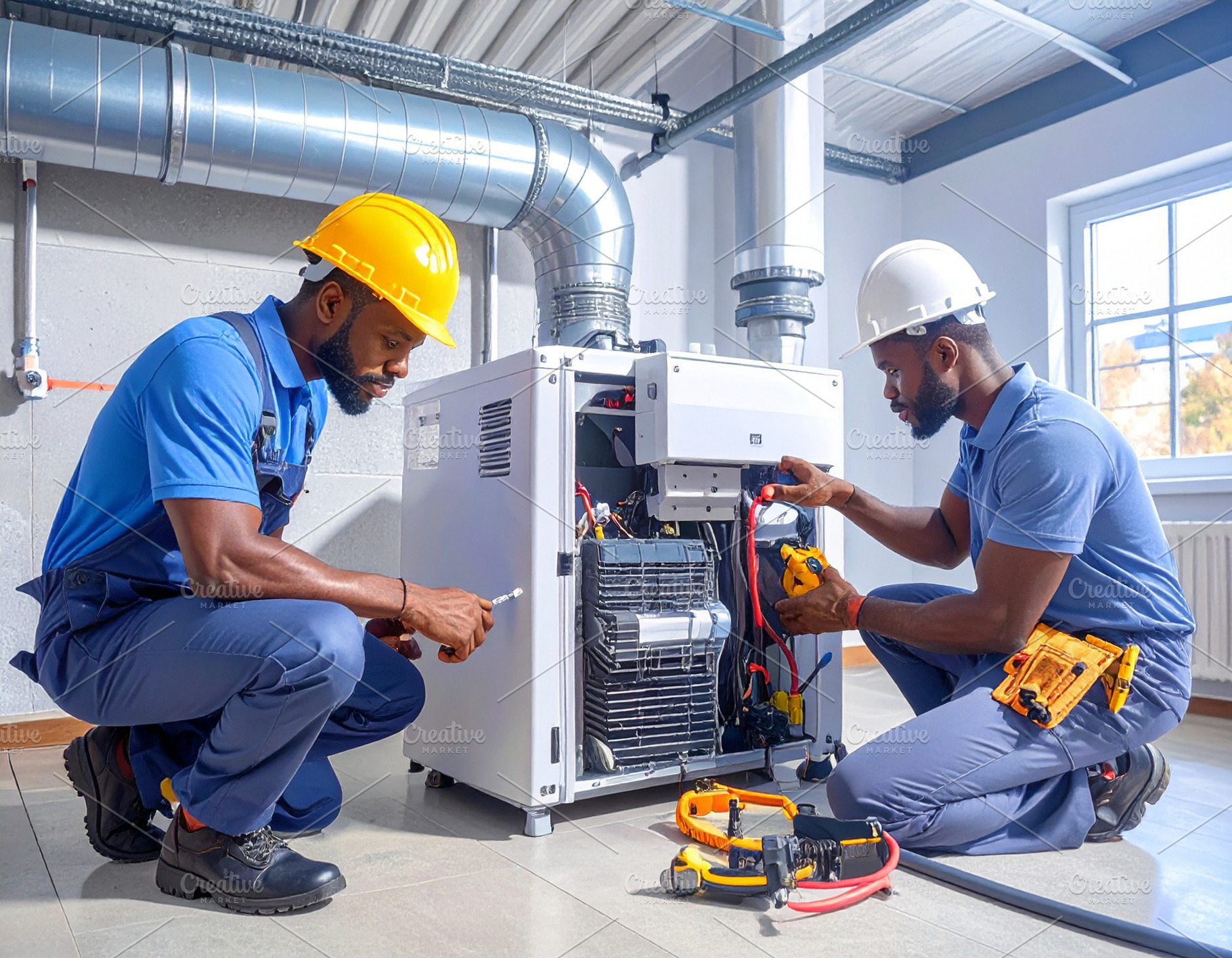 HVAC professionals conducting furnace repair and technical diagn, an Industrial Photo by DanFLCreativo