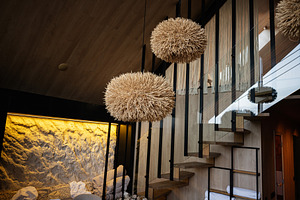 Modern interior design with decorative lighting and stylish staircase, a Photo by AS photostudio