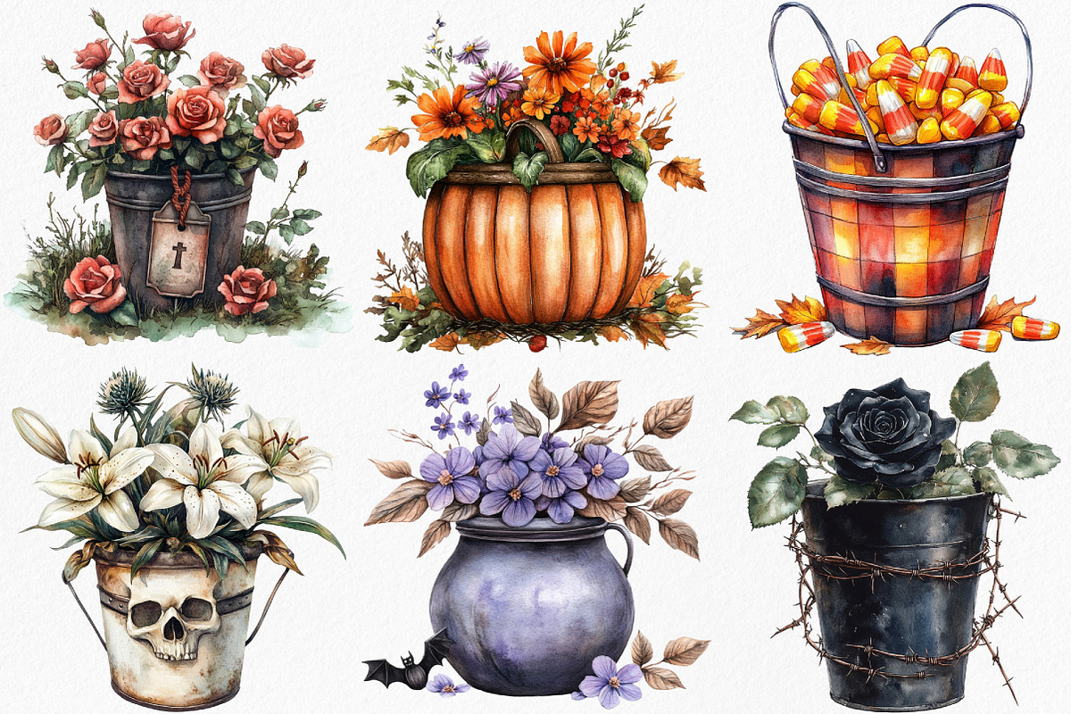 Watercolor Halloween Bucket Flowers, an Illustration by Canvas Craft (Photo 2 of 8)