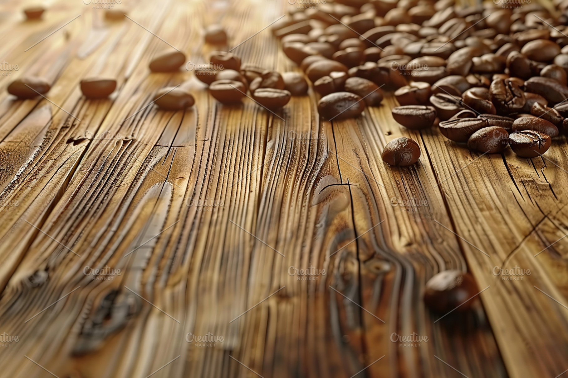 Heap of coffee beans on wooden table, a Food & Drink Photo by AlyaAnd