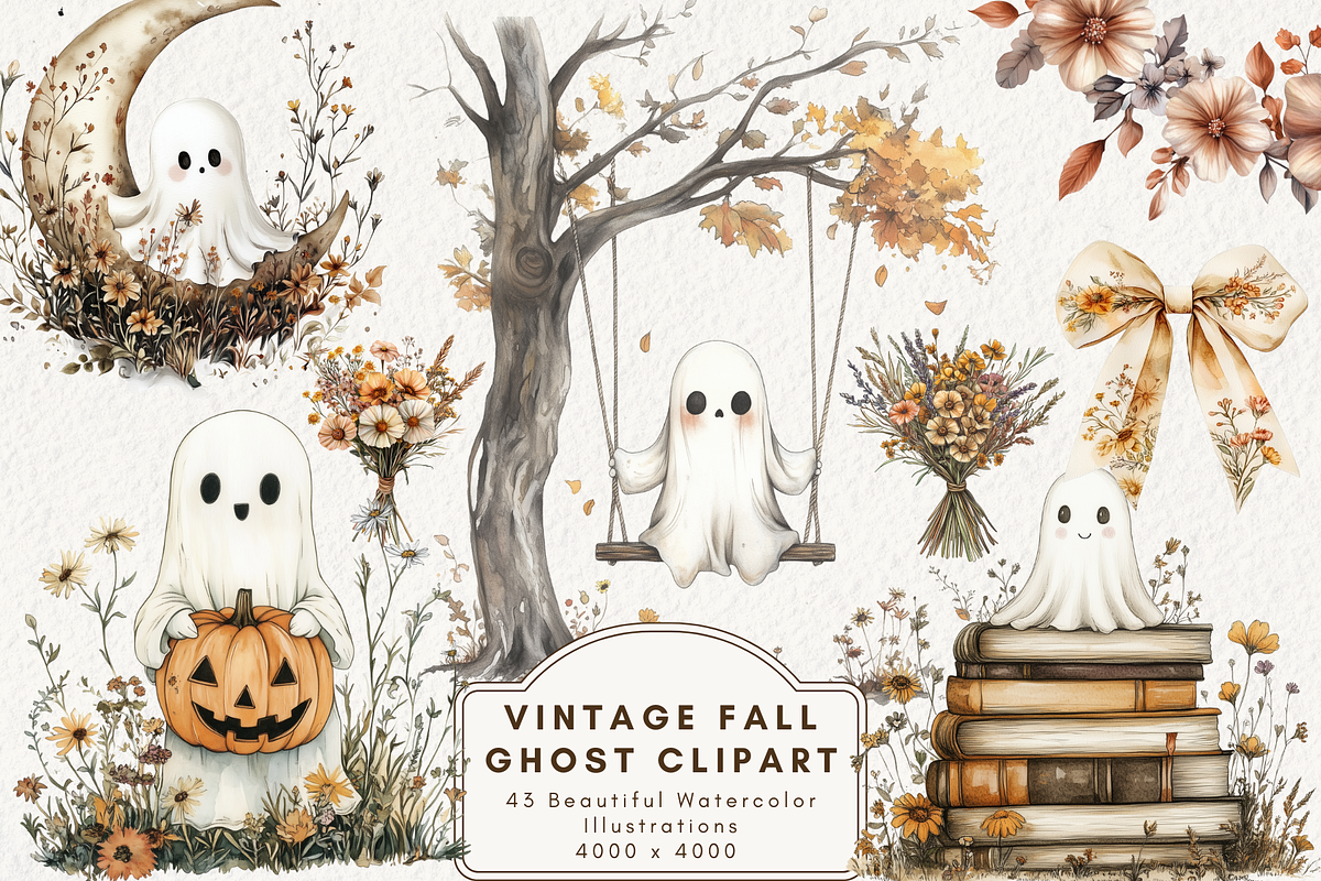 Vintage Fall Ghost Clipart, an Illustration by NadiaTheronArt (Photo 1 of 5)