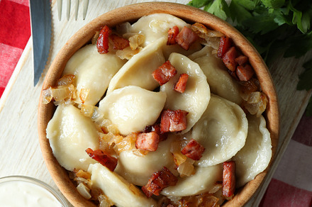 Concept of tasty food with vareniki or pierogi, top view, a Food & Drink Photo by AtlasStudio PRO