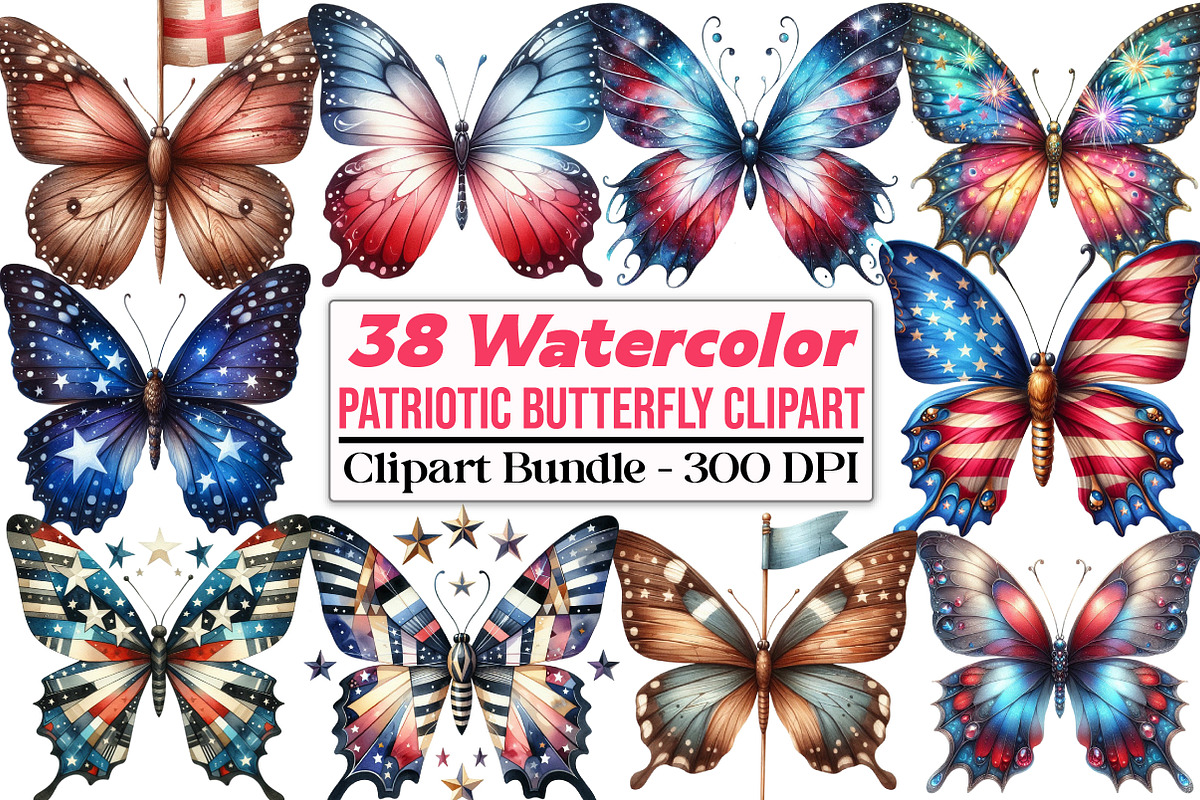Patriotic Butterfly Clipart 4th of J, an Illustration by DreamCafeArt (Photo 1 of 5)