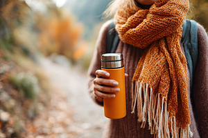 Walking along the forest trail while holding a thermos in autumn foliage, a Person Photo by AlyaAnd